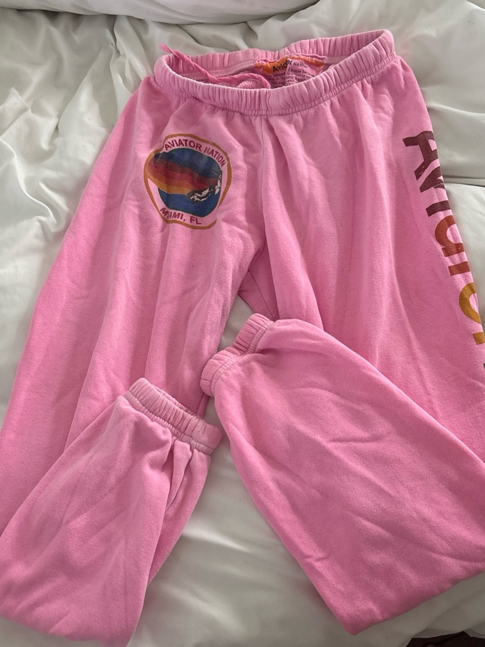 Aviator Nation Pink Fleece Joggers with Rainbow Trim